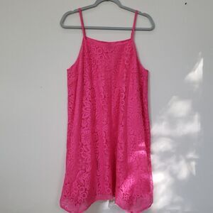 Kaari Blue Dress Womens sz Large Floral Lace Over Slip Shift Asymmetric Hem